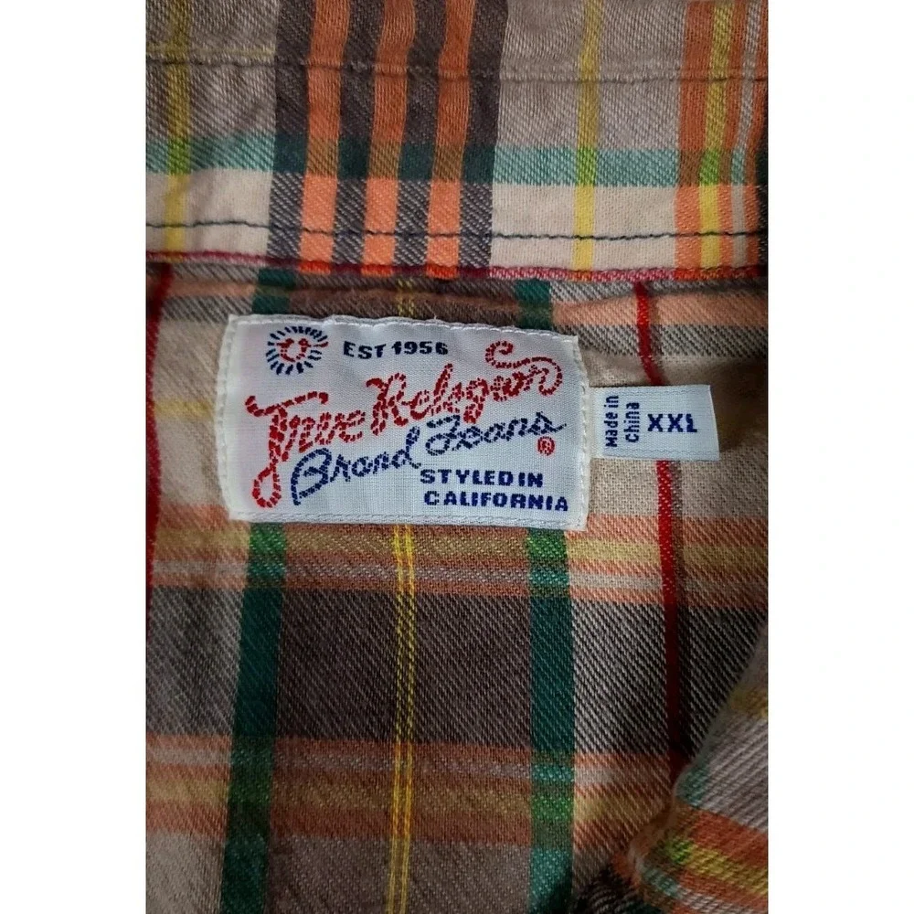 True Religion Shirt Men‎ Tag Size 2XL Fits Large Beige Plaid Pearl Snap
